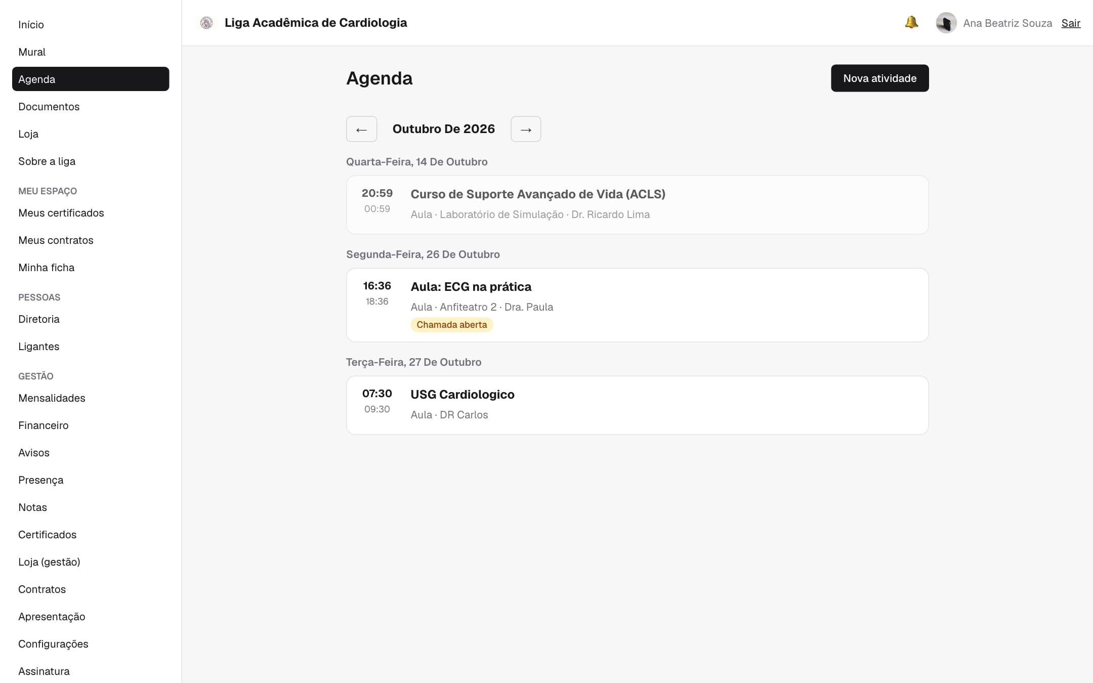 Agenda de atividades da liga