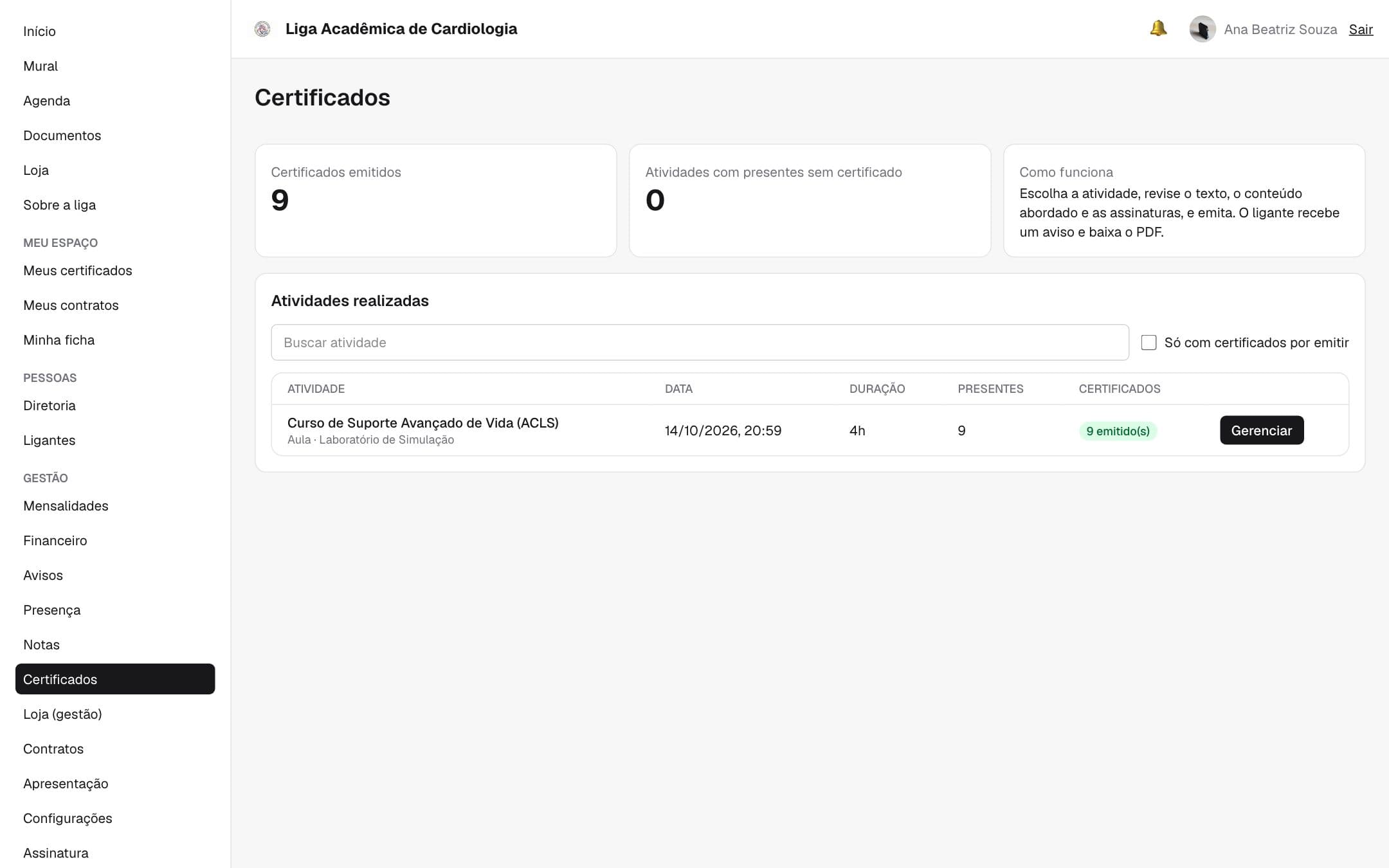 Emissão de certificados das atividades